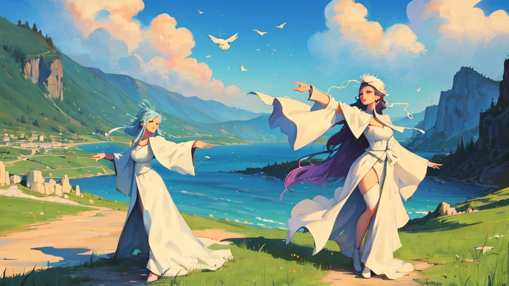 highly detailed, Enchantress casting tempest when floating above ground, arms raised, figure leaned back mountain background, focused, nice shaped large breast, Soft expression; full body, long white robe