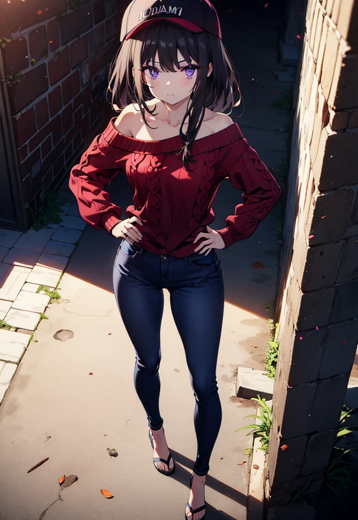Takiuchikami, Long Hair, bangs, Black Hair, (Purple eyes:1.2),Baseball hats,Blue one-shoulder sweater,Skinny jeans,Stiletto heels,Place one hand on hip,Are standing,whole bodyがイラストに入るように,Daytime,
break outdoors, In town,
break looking at viewer, whole body,
break (masterpiece:1.2), Highest quality, High resolution, unity 8k wallpaper, (figure:0.8), (Beautiful attention to detail:1.6), Highly detailed face, Perfect lighting, Highly detailed CG, (Perfect hands, Perfect Anatomy),