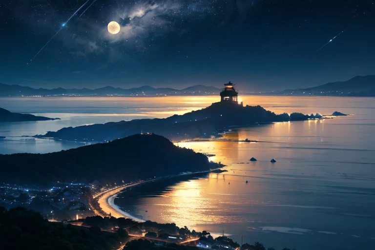 ((Overlooking)) , ((秘的なnightの島)), ((Helicopter shot)), 
mysterious, night, full moon, starlight, Quiet Sea, Blue light, Island silhouette, Wave, Fantasy, Blue Mist, (ancient buildings), Shining Water Surface, light in the darkness