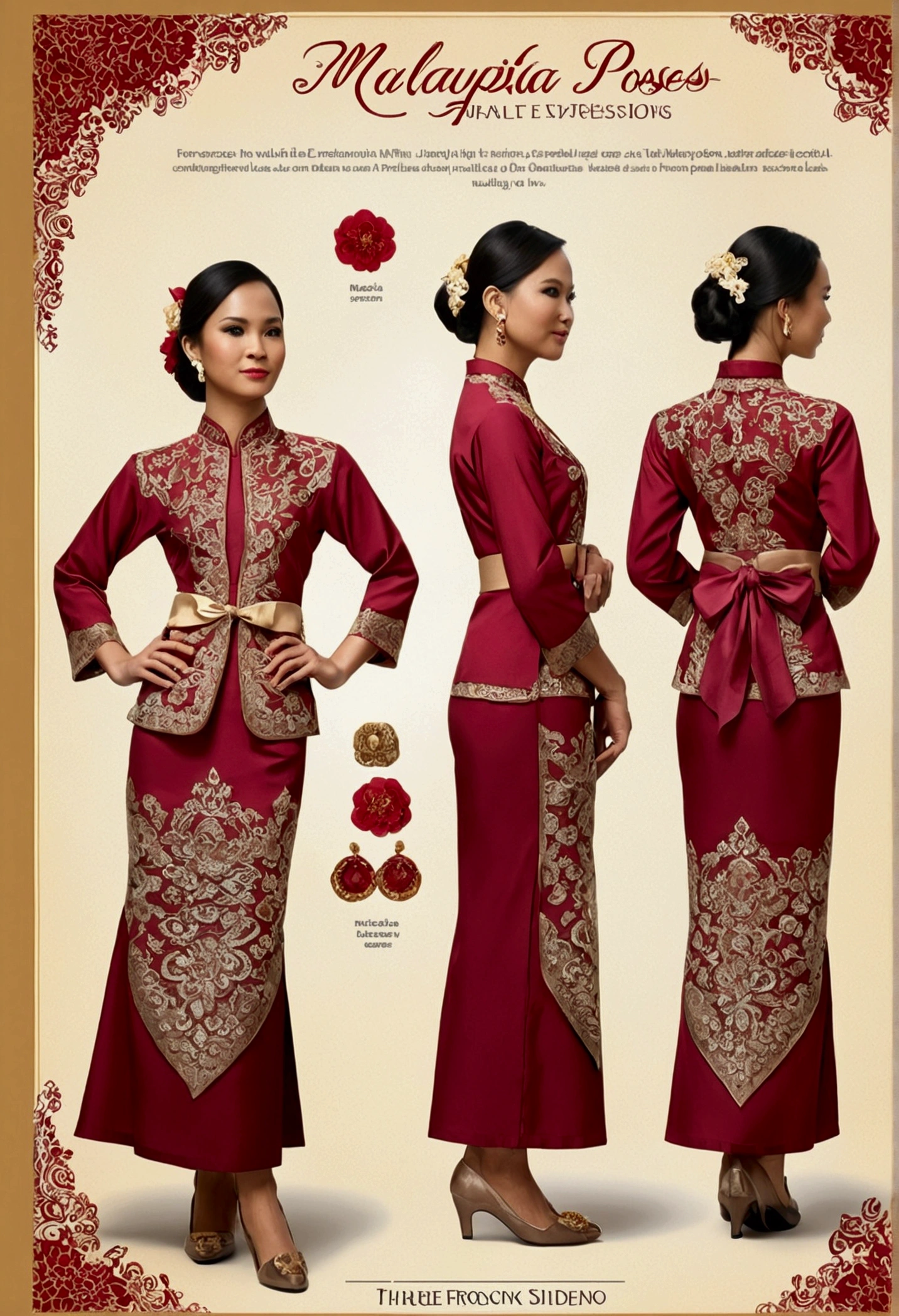Create a practical yet refined outfit for commoners in a society inspired by puteri gunung ledang with Malaysia Kebaya clothing influences. The clothing should be made from durable, comfortable materials and feature simple yet elegant designs. Utilize shades of red and incorporate batik motifs in the patterns and embroidery. The outfit should blend the functionality of Malay workwear with the flowing lines of Malaysia Kebaya attire. Accessories should be minimal but functional, such as sashes, simple jewelry, headbands, and traditional Malay shoe. The overall look should reflect the commoners' respect for strength and honor, while being suitable for daily activities. reference sheet, character chart, (((three-sided view, front front view, side view, back back view, multiple views, multiple poses and expressions, many parts))), give space space to each view, 8K resolution, high details, high quality, highres, anatomically correct