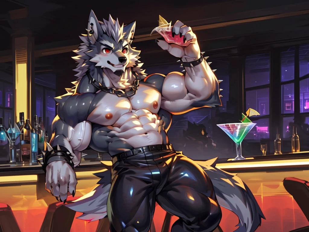 A big strong muscular male  alpha man wolf working as a pole dancer in a strip club showing his big huge massive penis he is the center of the stage he is dancing to everyone and showing everyone his naked body and there is cum on his body he has a big red collar on his neck he is blushing and looking at you there is no aduience around just you and the naked pole dancer wolf he has lots of cum on him and cum on the floor 