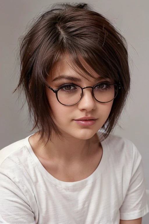 B&W photo, masterpiece, Humanity, Charming chubby Russian fashion model 22 years old with aesthetic small breasts, round face, round cheeks, round chin, beautiful proportional small wide nose, dark brown eyes, long eyelashes, Sarcastic Look, glasses with lenses, plump sensual lips, ironic one-sided half-smile, very tousled dark brown tousled short hair, spiky tousled hair, plain white oversized cotton t-shirt, gray background Portrait-Medium plan