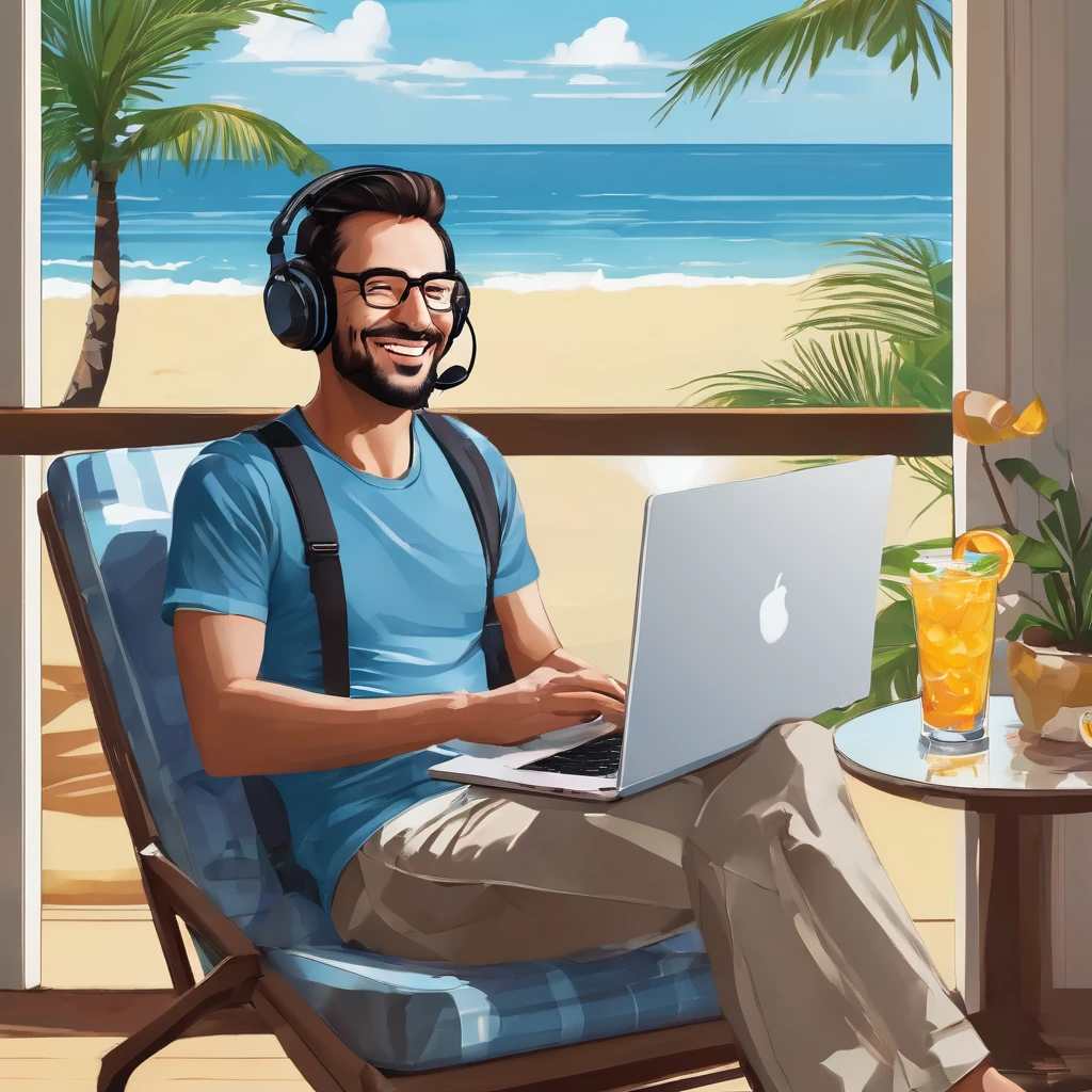 Description of an Image Hiring Lives: Traditional Work vs. Marketing Digital com charachter MasculinoMetade desna (Marketing Digital)
fund: A paradisiacal beach during sunset, with palm trees and the sea in the background, or a bright, modern living room with large windows showing a panoramic view.
charachter: The same man, now dressed casually in a light t-shirt and shorts. He is sitting in a beach chair or on a comfortable sofa, with a modern laptop on your lap.
Facial expression: Smiling and relaxed, conveying satisfaction and freedom.
Additional Elements: A refreshing drink on the side, maybe a cocktail or coconut water, and a travel backpack in the background, indicating mobility. A smartphone and headphones suggest he is working or connecting remotely.
atmosphere: bright and cheerful, with warm colors like orange, yellow and sky blue, conveying a sense of freedom, happiness and personal fulfillment.
Left Text: "Traditional Work: No Freedom"
desna: "Marketing Digital: Free and Flexible Life"