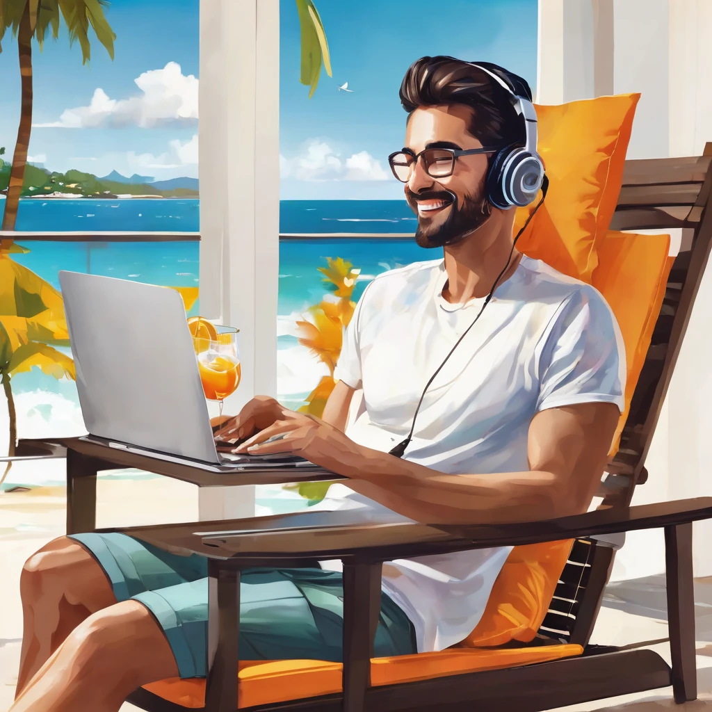 Description of an Image Hiring Lives: Traditional Work vs. Marketing Digital com charachter MasculinoMetade desna (Marketing Digital)
fund: A paradisiacal beach during sunset, with palm trees and the sea in the background, or a bright, modern living room with large windows showing a panoramic view.
charachter: The same man, now dressed casually in a light t-shirt and shorts. He is sitting in a beach chair or on a comfortable sofa, with a modern laptop on your lap.
Facial expression: Smiling and relaxed, conveying satisfaction and freedom.
Additional Elements: A refreshing drink on the side, maybe a cocktail or coconut water, and a travel backpack in the background, indicating mobility. A smartphone and headphones suggest he is working or connecting remotely.
atmosphere: bright and cheerful, with warm colors like orange, yellow and sky blue, conveying a sense of freedom, happiness and personal fulfillment.
Left Text: "Traditional Work: No Freedom"
desna: "Marketing Digital: Free and Flexible Life"