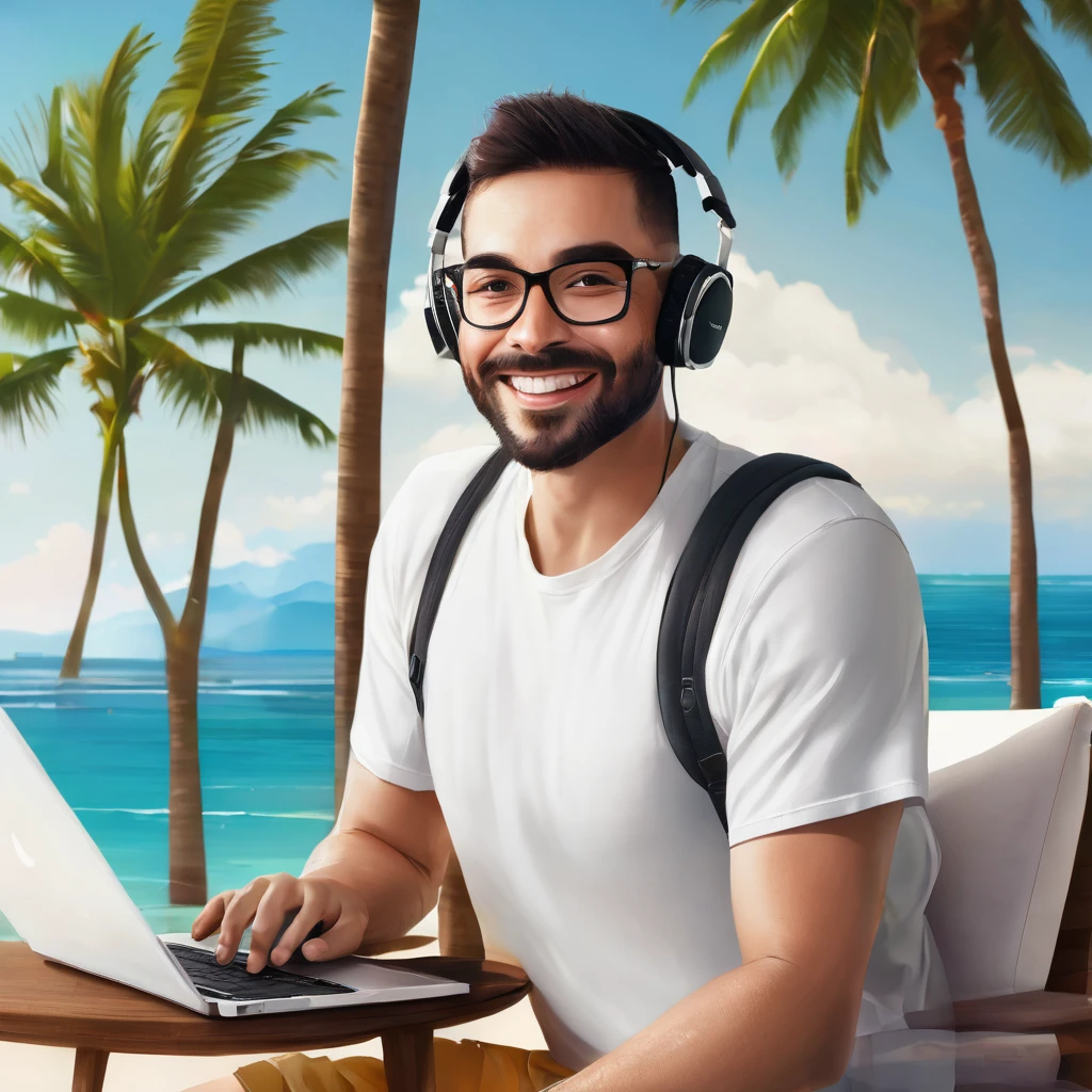 Description of an Image Hiring Lives: Traditional Work vs. Marketing Digital com charachter MasculinoMetade desna (Marketing Digital)
fund: A paradisiacal beach during sunset, with palm trees and the sea in the background, or a bright, modern living room with large windows showing a panoramic view.
charachter: The same man, now dressed casually in a light t-shirt and shorts. He is sitting in a beach chair or on a comfortable sofa, with a modern laptop on your lap.
Facial expression: Smiling and relaxed, conveying satisfaction and freedom.
Additional Elements: A refreshing drink on the side, maybe a cocktail or coconut water, and a travel backpack in the background, indicating mobility. A smartphone and headphones suggest he is working or connecting remotely.
atmosphere: bright and cheerful, with warm colors like orange, yellow and sky blue, conveying a sense of freedom, happiness and personal fulfillment.
Left Text: "Traditional Work: No Freedom"
desna: "Marketing Digital: Free and Flexible Life"