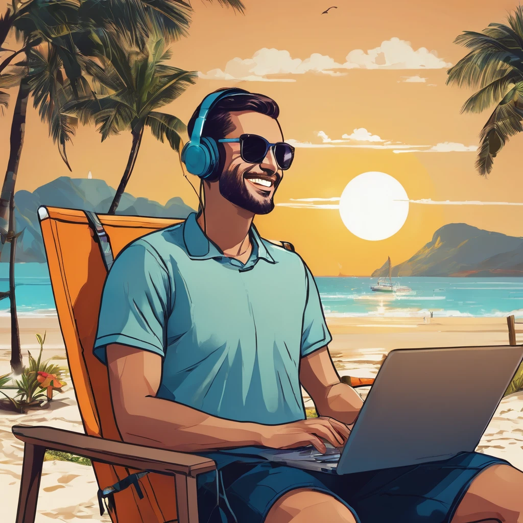 Description of an Image Hiring Lives: Traditional Work vs. Marketing Digital com charachter MasculinoMetade desna (Marketing Digital)
fund: A paradisiacal beach during sunset, with palm trees and the sea in the background, or a bright, modern living room with large windows showing a panoramic view.
charachter: The same man, now dressed casually in a light t-shirt and shorts. He is sitting in a beach chair or on a comfortable sofa, with a modern laptop on your lap.
Facial expression: Smiling and relaxed, conveying satisfaction and freedom.
Additional Elements: A refreshing drink on the side, maybe a cocktail or coconut water, and a travel backpack in the background, indicating mobility. A smartphone and headphones suggest he is working or connecting remotely.
atmosphere: bright and cheerful, with warm colors like orange, yellow and sky blue, conveying a sense of freedom, happiness and personal fulfillment.
Left Text: "Traditional Work: No Freedom"
desna: "Marketing Digital: Free and Flexible Life"