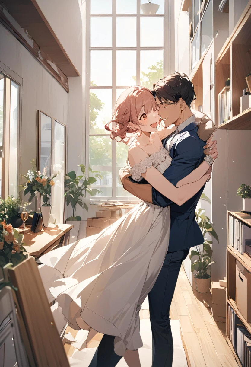 Celebrating Moving Day. Cheerful man lifting carrying happy woman in his arms, holding girlfriend or fiance on hands walking in new apartment, newlyweds having fun in their first house