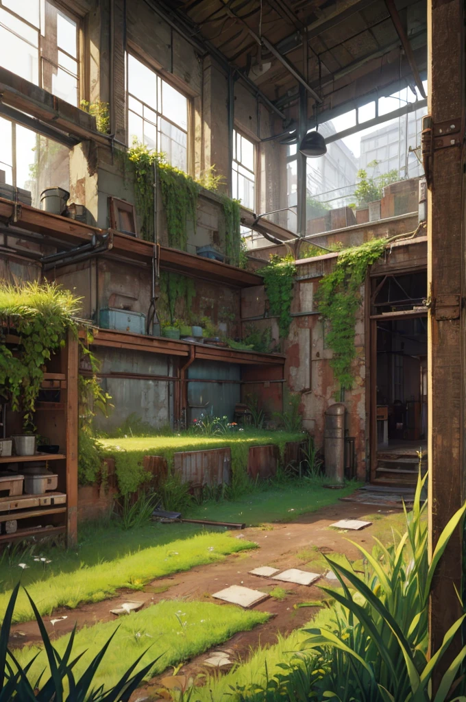 room inside old rusty factory overgrown with grass and wild plants