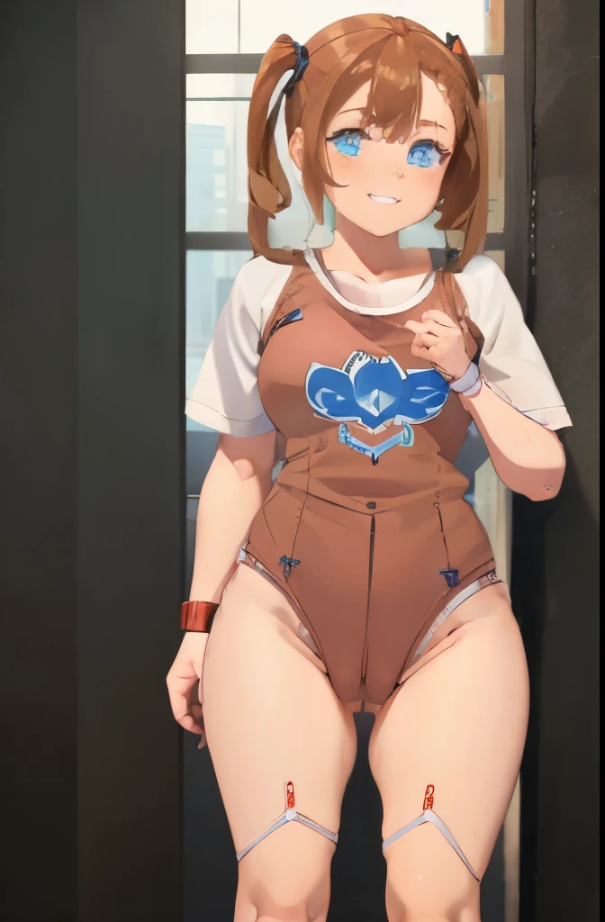A Female mature robot loves herself. she wears nothing. Her Brown very short pigtails is tied with two big red clothespins, mature, android, blue eyes, full body, Height: 160cm, flushed cheeks, sweat bucket. full body shot, looking straight. Her smile is complete.