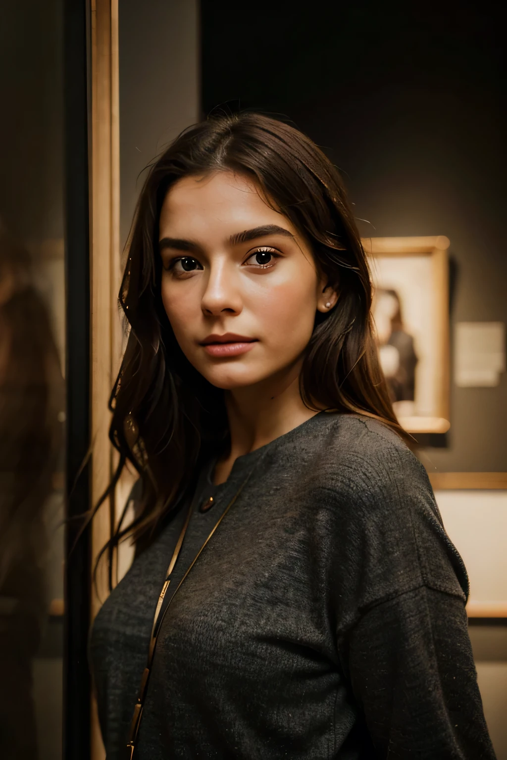 realistic woman, pretty,in a modern museum, focus lights on your face