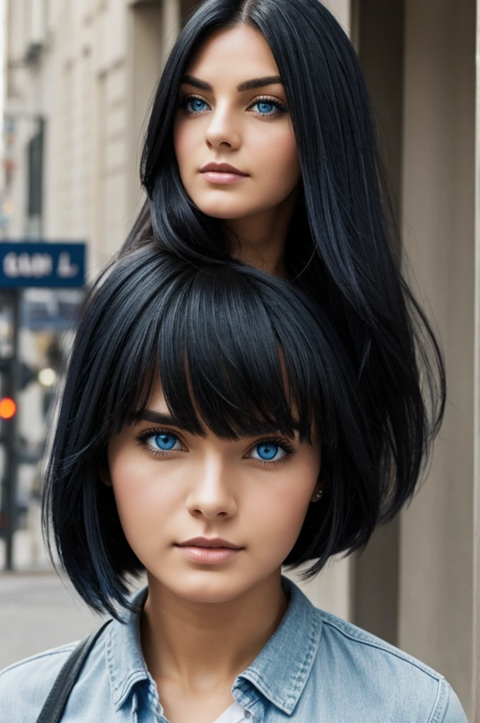A woman with blue eyes and black hair and dressed in civilian clothes