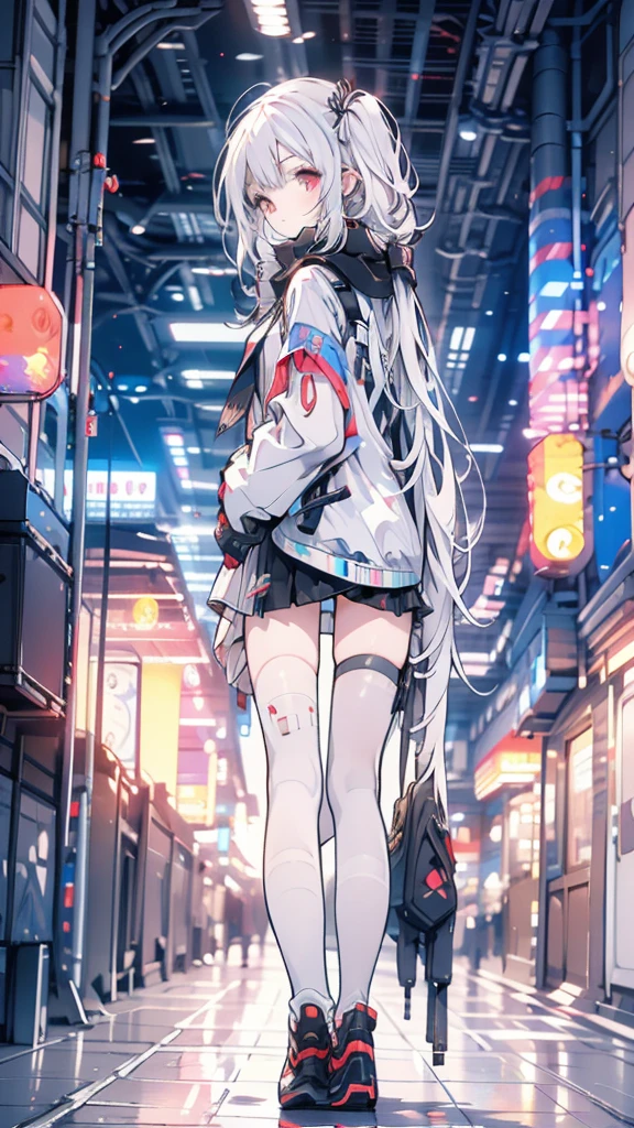 White hair, girl, twin tails, scarf, red eyes, back alley, smoking