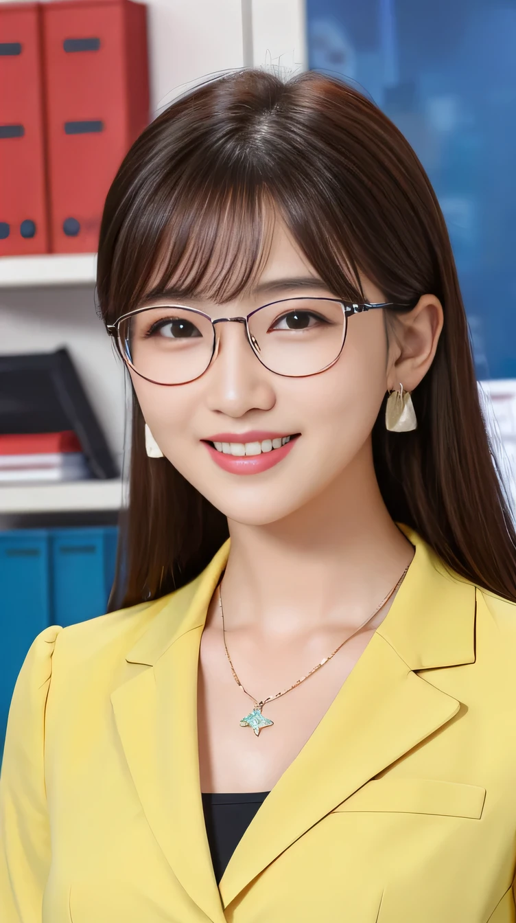Highest quality:1.2), RAW Photos, High resolution, Very detailed, Intricate details, 、、ear piercing、hairstyle semi long、smile、Beautiful teeth alignment、Black Hair、Glasses、Clear beauty,(High quality fabric, Office Lady Suits )、Necklace around the neck、, The background is the office