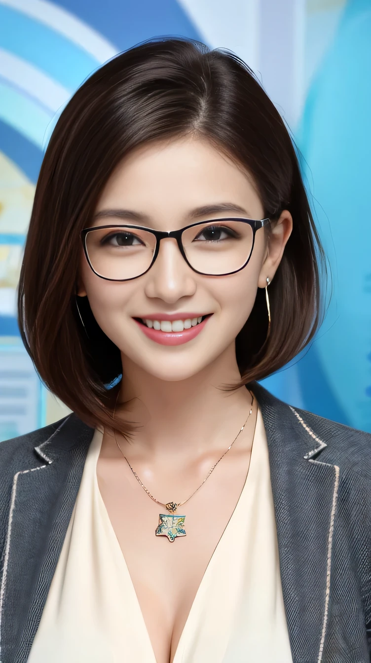 Highest quality:1.2), RAW Photos, High resolution, Very detailed, Intricate details, 、、ear piercing、hairstyle semi long、smile、Beautiful teeth alignment、Black Hair、Glasses、Clear beauty,(High quality fabric, Office Lady Suits )、Necklace around the neck、, The background is the office