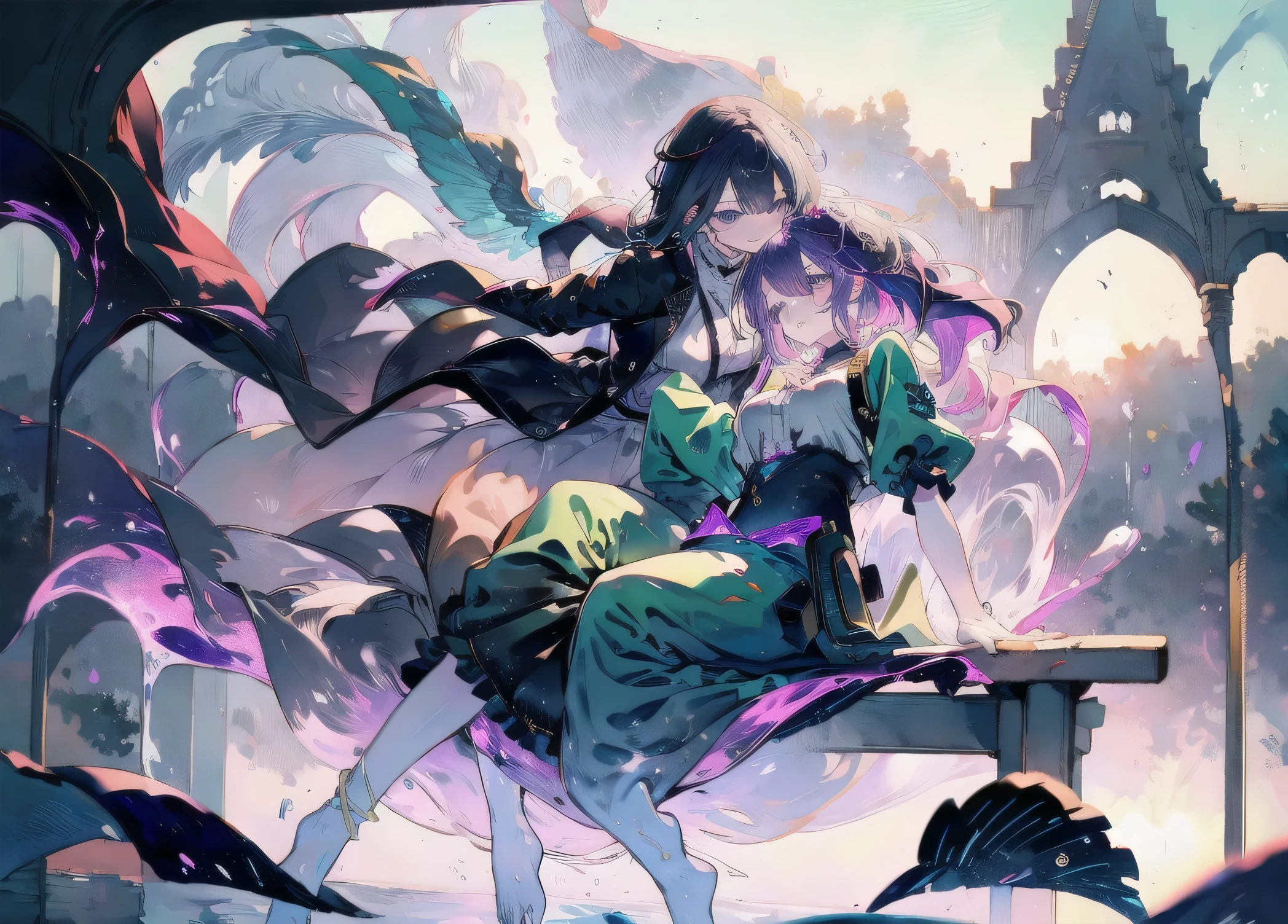 Two girls touching lips,A girl with purple hair,Transparent purple eyes,Another girl with yellow hair,Clear blue eyes,Medieval ta Style Clothing,Sit and hug,Look at each other affectionately,Cool,Violet,iris,Sunshine,Surrounded by greenery,Transparent stream flowing,Tyndall effect,Light up the fire,starlight:1.8,Clear shape,Detailed description of appearance:Perfect beautiful clear appearance,Normal human body,Transparent colors,Transparent green,Light color strokes,{{{Transparent color:3.3}}}softbrush:1.8,Transparent character details,Perfect light color,pure,Transparent colors,greenish blue,suspended congress, face focus, standing, hug, leg lock, breast press,straddling,arms around neck, lifting person