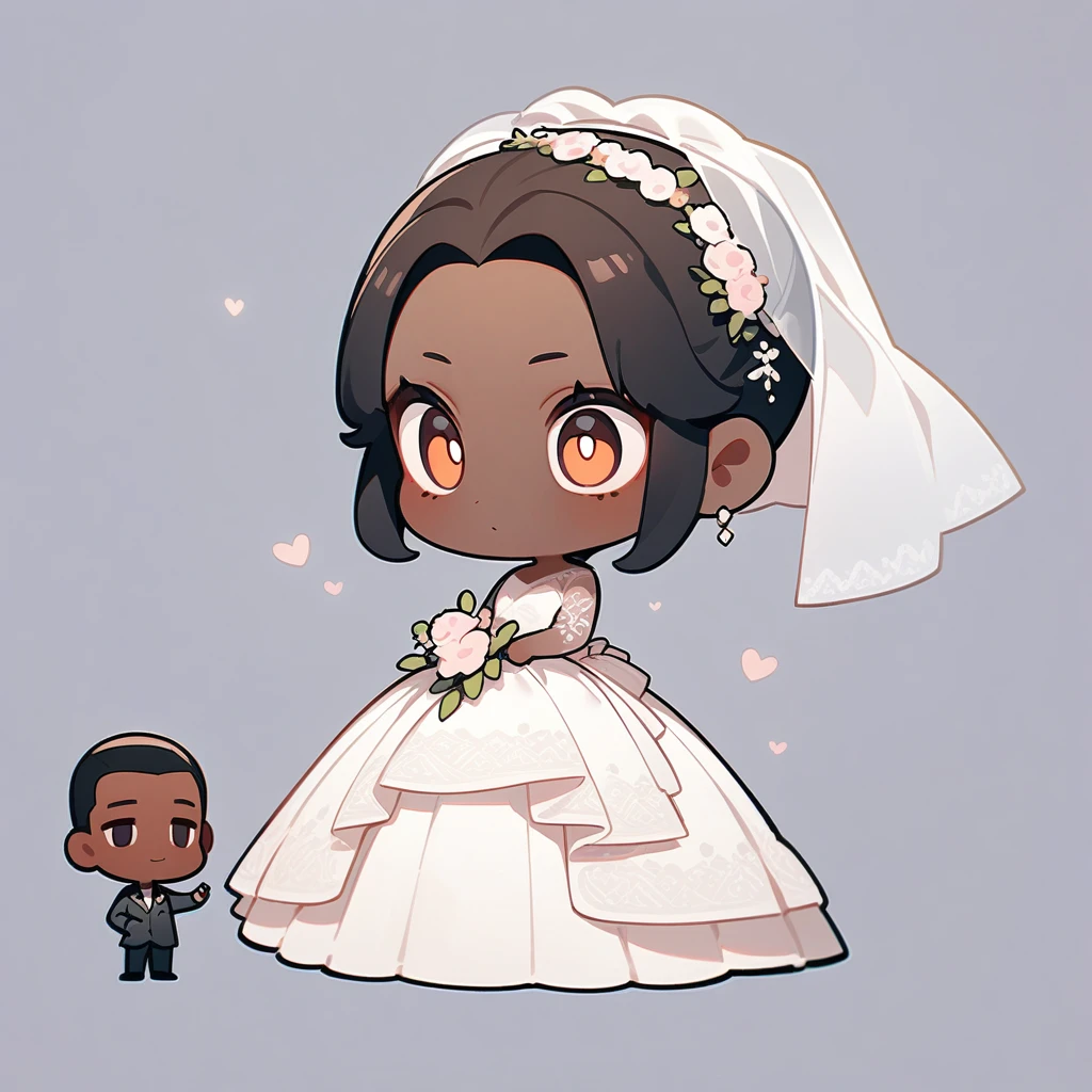 chibi style,Lovely,masterpiece, best quality, 8k, Couple(One man and one woman),man(Brown skin,Indian)Suit,woman(Black Hair,Fair)Wedding dress,Clean background