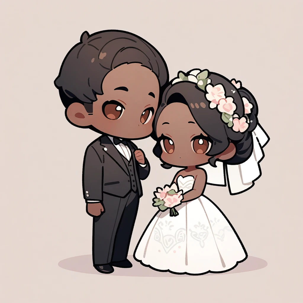 chibi style,Lovely,masterpiece, best quality, 8k, Couple(One man and one woman),man(Brown skin,Indian)Suit,woman(Black Hair,Fair)Wedding dress,Clean background