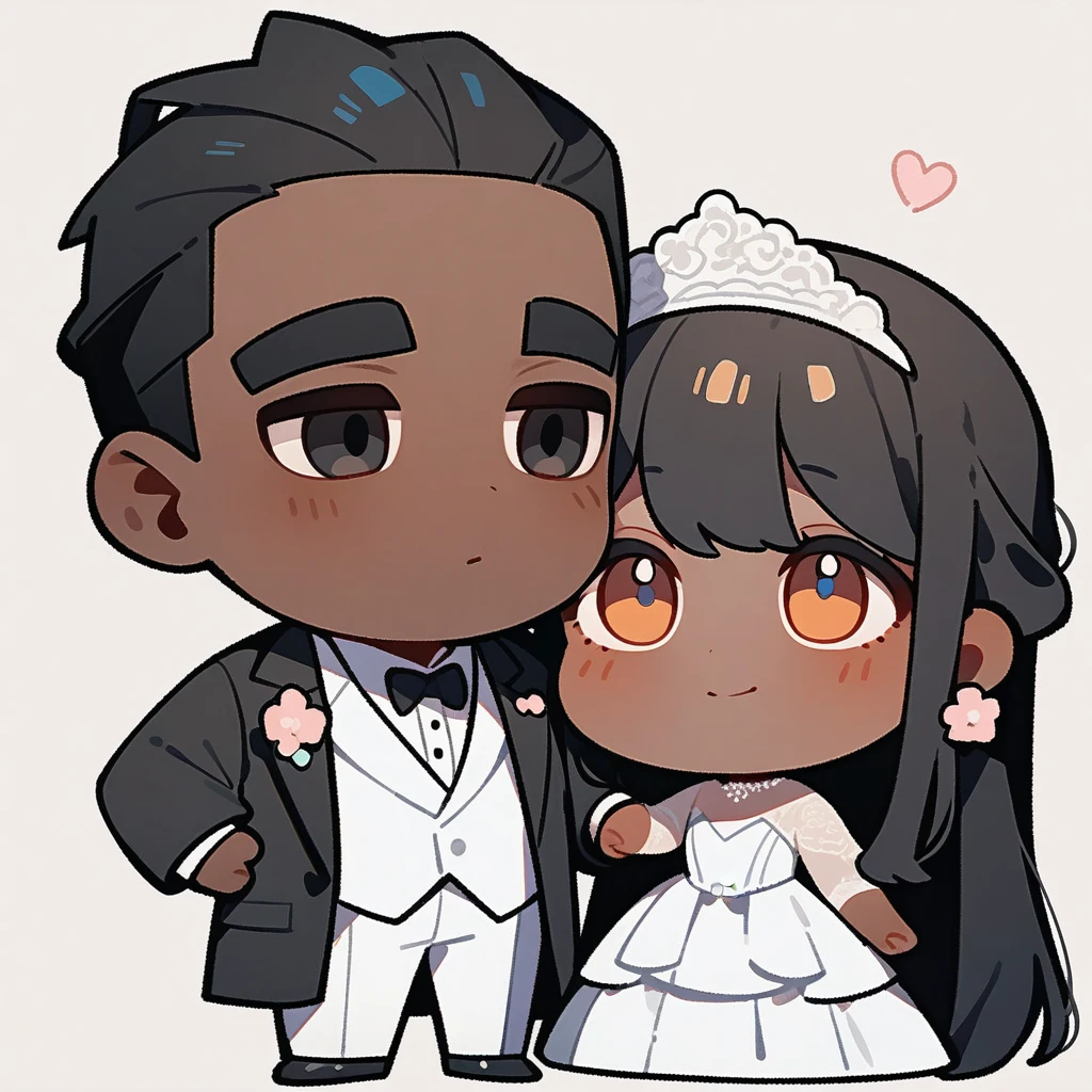 chibi style,Lovely,masterpiece, best quality, 8k, Couple(One man and one woman),man(Brown skin,Indian)Suit,woman(Black Hair,Fair)Wedding dress,Clean background