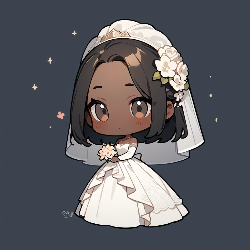 chibi style,Lovely,masterpiece, best quality, 8k, Couple(One man and one woman),man(Brown skin,Indian)Suit,woman(Black Hair,Fair)Wedding dress,Clean background