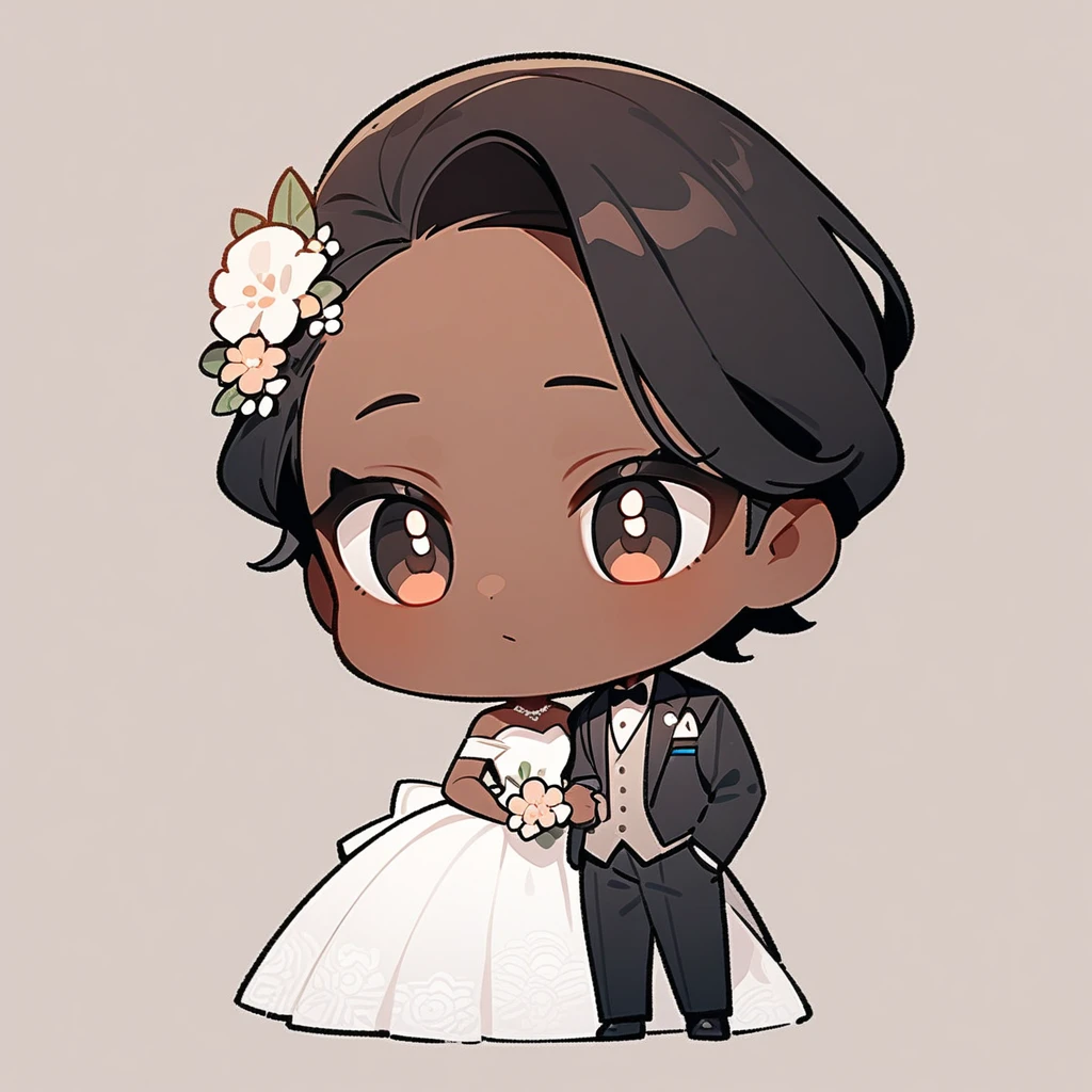 chibi style，Lovely，masterpiece, best quality, 8k, Couple（One man and one woman），man（Brown skin，Indian）Suit，woman（Black Hair，Fair）Wedding dress，Clean background