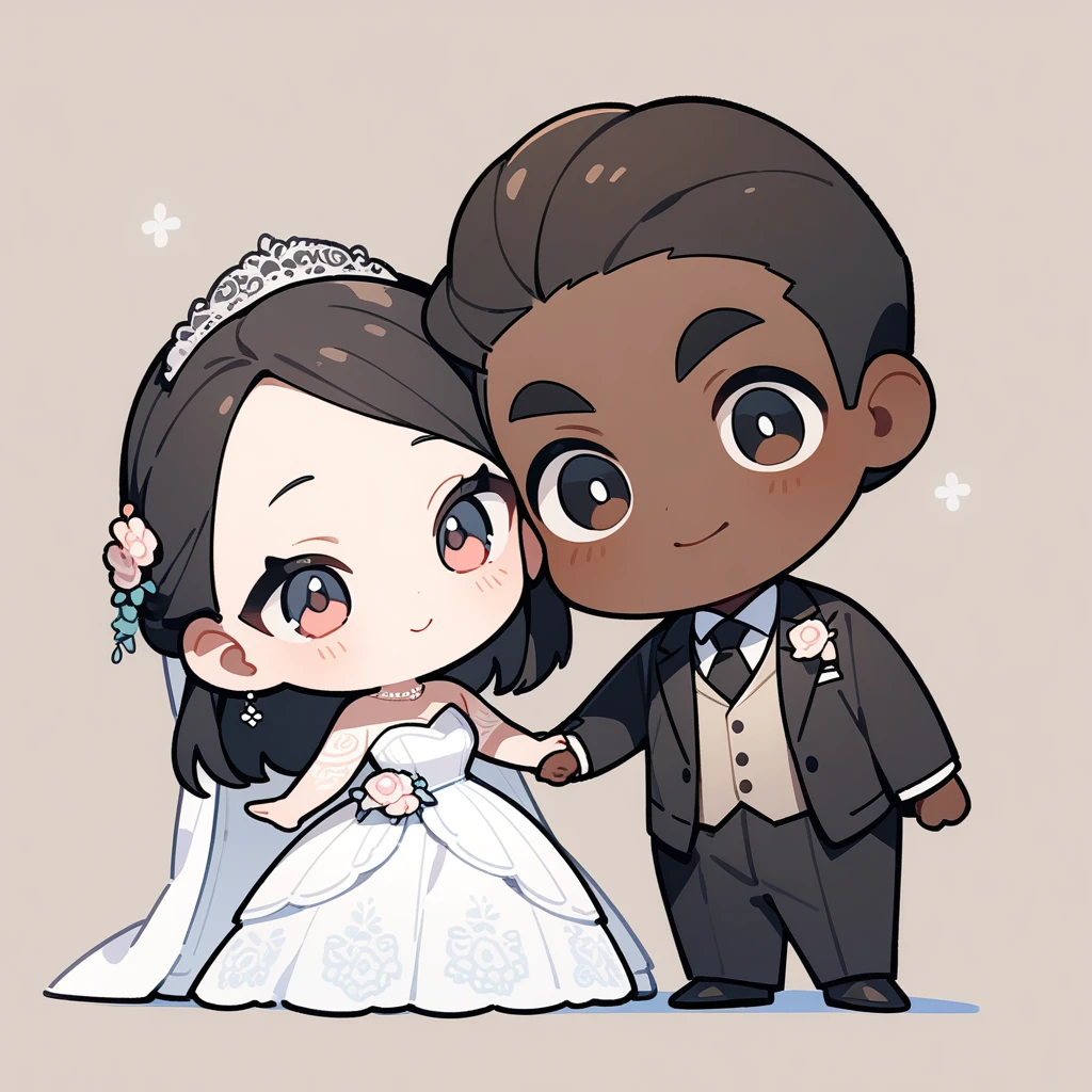 chibi style，Lovely，masterpiece, best quality, 8k, Couple（One man and one woman），man（Brown skin，Indian）Suit，woman（Black Hair，Fair）Wedding dress，Clean background