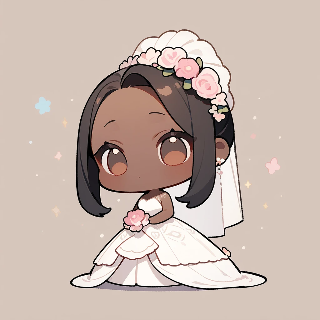 chibi style，Lovely，masterpiece, best quality, 8k, Couple（One man and one woman），man（Brown skin，Indian）Suit，woman（Black Hair，Fair）Wedding dress，Clean background