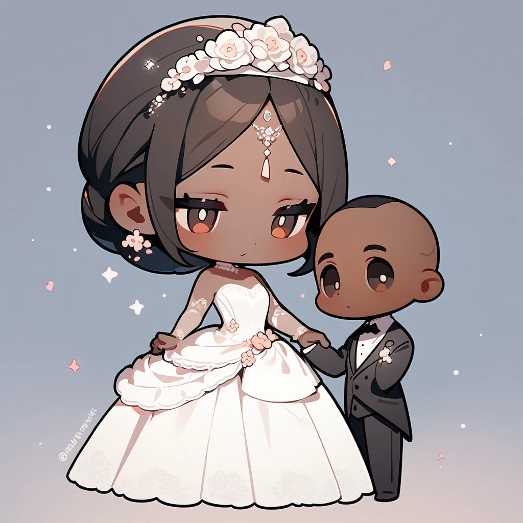 chibi style,Lovely,masterpiece, best quality, 8k, Couple(One man and one woman),man(Brown skin,Indian)Suit,woman(Black Hair,Fair)Wedding dress,Clean background