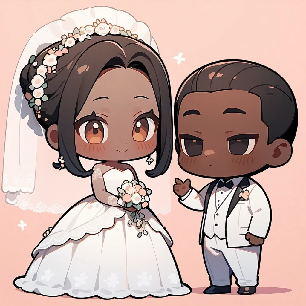 chibi style,Lovely,masterpiece, best quality, 8k, Couple(One man and one woman),man(Brown skin,Indian)Suit,woman(Black Hair,Fair)Wedding dress,Clean background