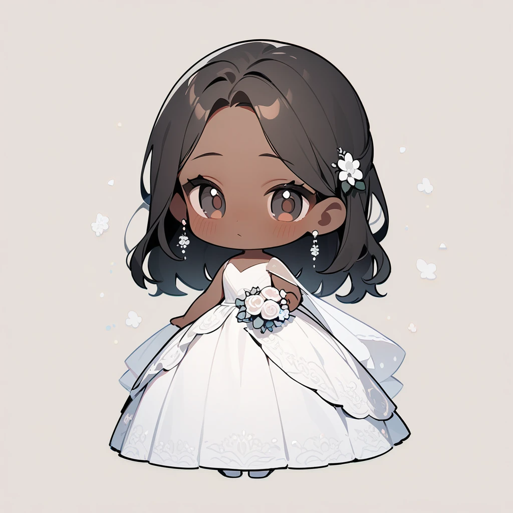 chibi style,Lovely,masterpiece, best quality, 8k, Couple(One man and one woman),man(Brown skin,Indian)Suit,woman(Black Hair,Fair)Wedding dress,Clean background