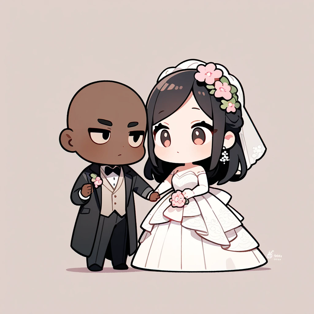 chibi style，Lovely，masterpiece, best quality, 8k, Couple（One man and one woman），man（Brown skin，Indian）Suit，woman（Black Hair，Fair）Wedding dress，Clean background