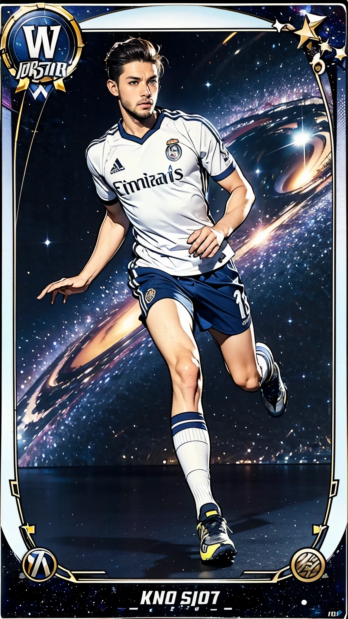 (masterpiece:1.2, Highest quality),(Super detailed),(Highest quality),(High resolution),(Photorealistic Stick),(RAW Photos),8k,wallpaper,(male:1.5),(Soccer Player Trading Cards),(((Beautiful trading cards:1.2))),((Special trading cards:1.3)),((Upper Deck-inspired design:1.2)),(Real Madrid shirt),(Soccer Shoes),(((front))),(((whole body:1.5))),(Serious),((Detailed hands)),(((dynamic))),((The background is the galaxy:1.2))