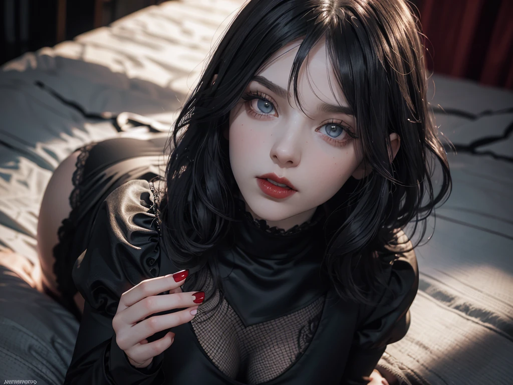 (best quality,highres),(realistic:1.37),dark,goth,woman, eyes,detailed face,black clothes,bobcut black hair,straight bangs,pale skin,red lipstick,intense expression,mysterious atmosphere,gothic background,dim lighting,night,vivid colors, fishnets, topless, fullbody, on her hands and knees, submissive girl, thick thigs, imminent deepthroat, cumshot pose,