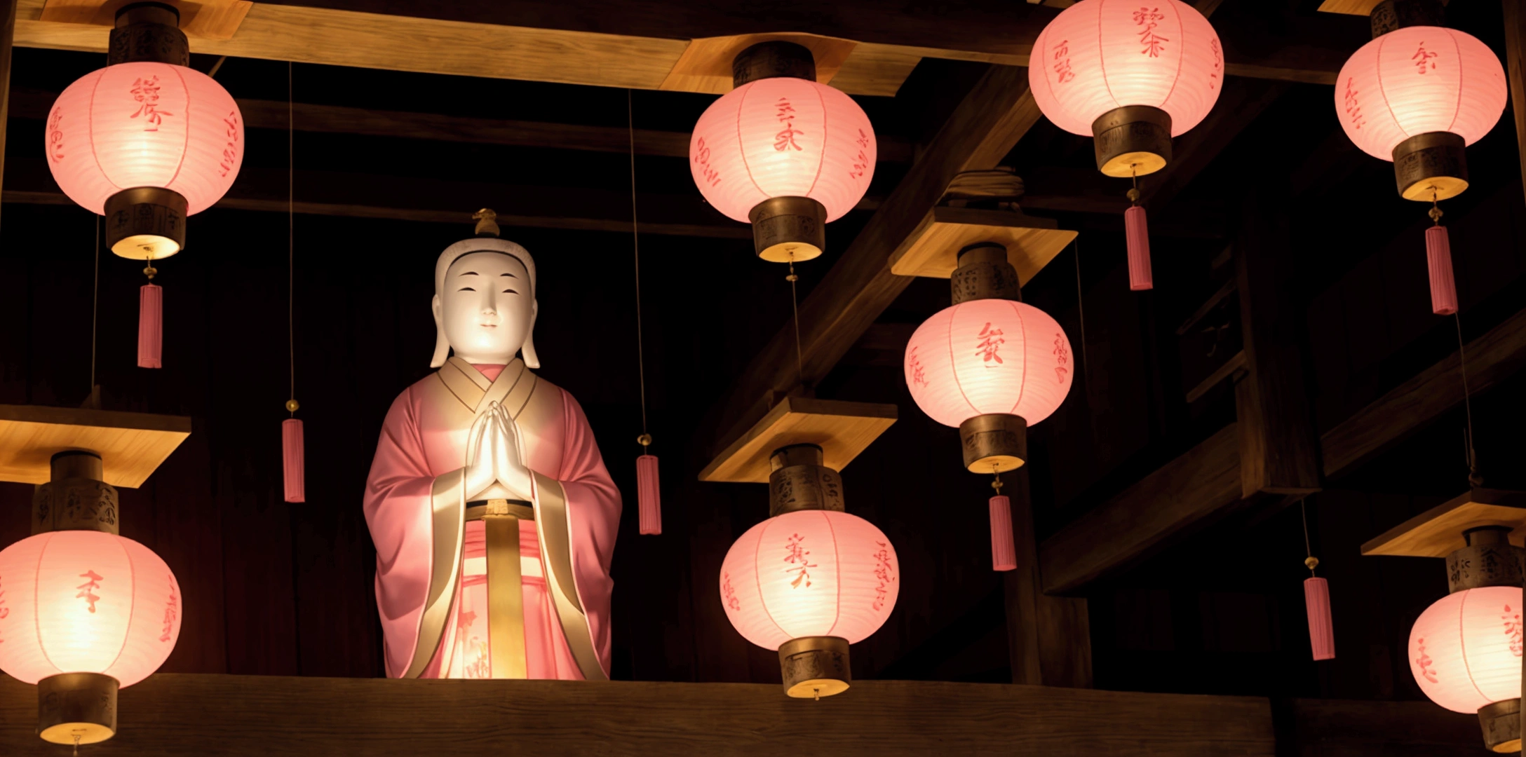 Japan、Jizo enshrined in a tower、Decorative pink lanterns