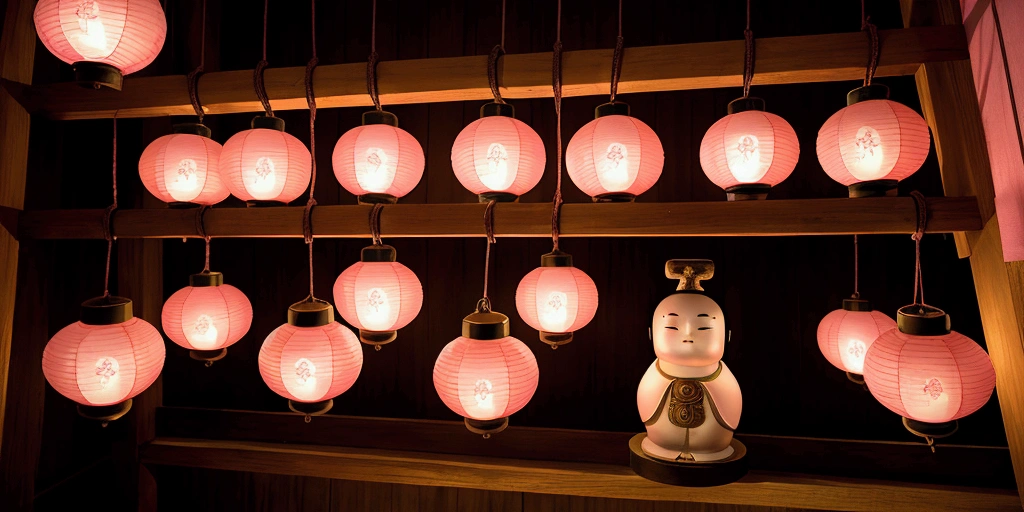 Japan、Jizo enshrined in a tower、Decorative pink lanterns
