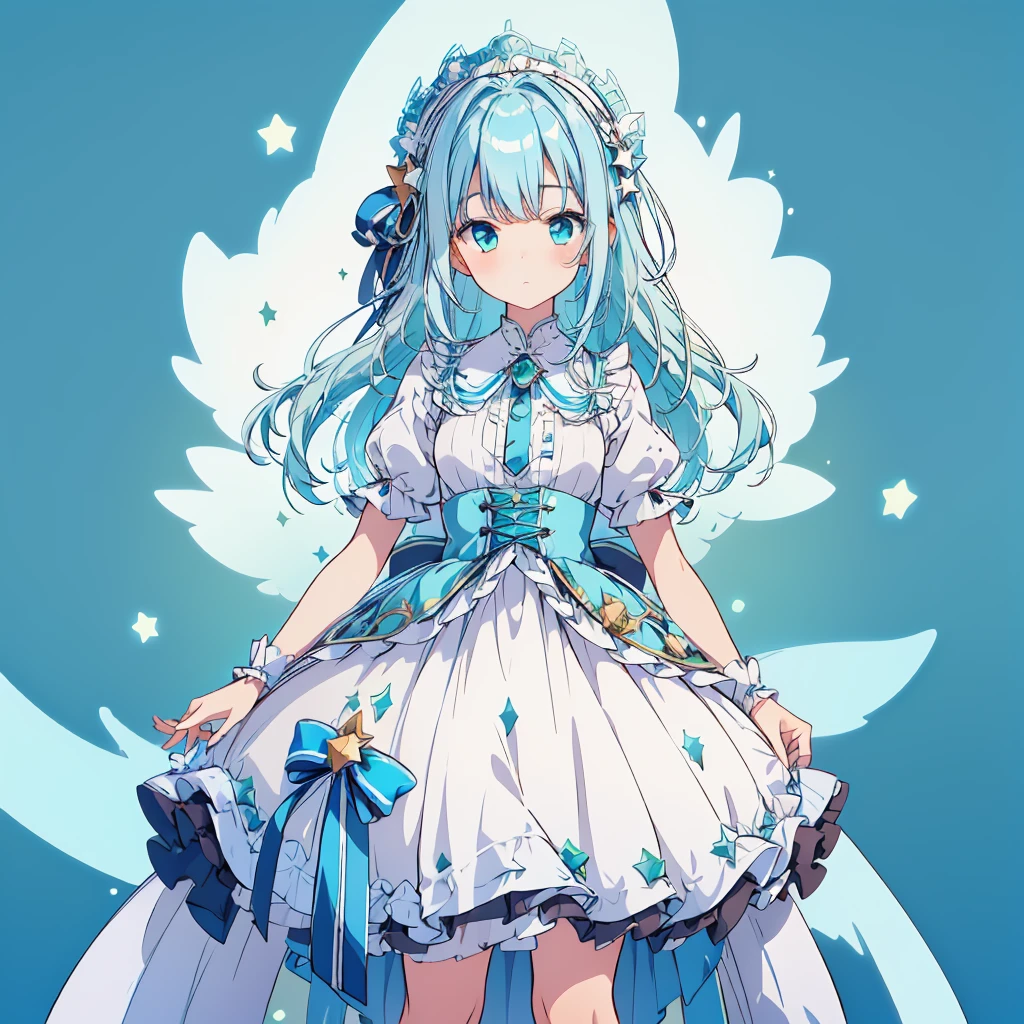 1girl、Star Fairy、Star incarnation、Character design front view、A picture facing the viewer、(((Super detailed、Highest quality、Masterpiece)))、Original cute hairstyle、Milky white and blue hair color、Simple Green Background、vtuber-fullbody,Alice、