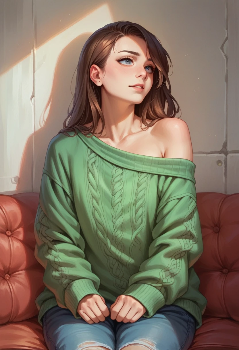 ((Best quality)), ((masterpiece)), (detailed), 1 girl, off shoulder sweater, in love