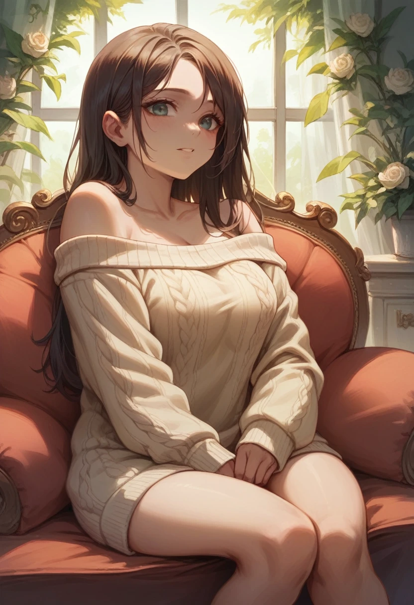 ((Best quality)), ((masterpiece)), (detailed), 1 girl, off shoulder sweater, in love