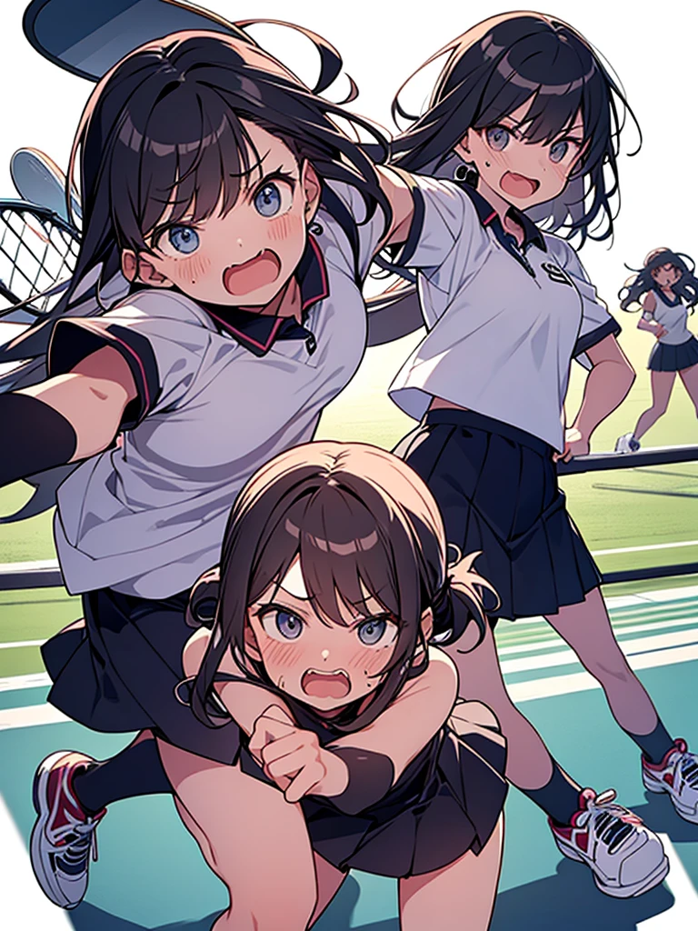 Deformed expression Mob women 10 people College students Tennis club Angry:1.9 Raising eyebrows Screaming Pointing at the viewer:1.9 Clenched Fist Tennis Wear