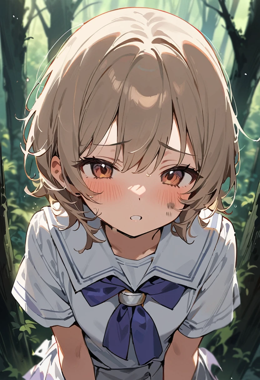 beautiful detailed girl,(masterpiece,best quality,extremely detailed:1.2),((cowboy shot:1.1)),(solo,10 years old,kawaii,slender,small breasts:1.25),(pained look:0.8),((white underwear:1.15) in (Torn school uniform):2),(dirty:2),blush,shy,weep,standing,(deep forest:1.5),(hug:0.4),rating: general, newest,Sexy face