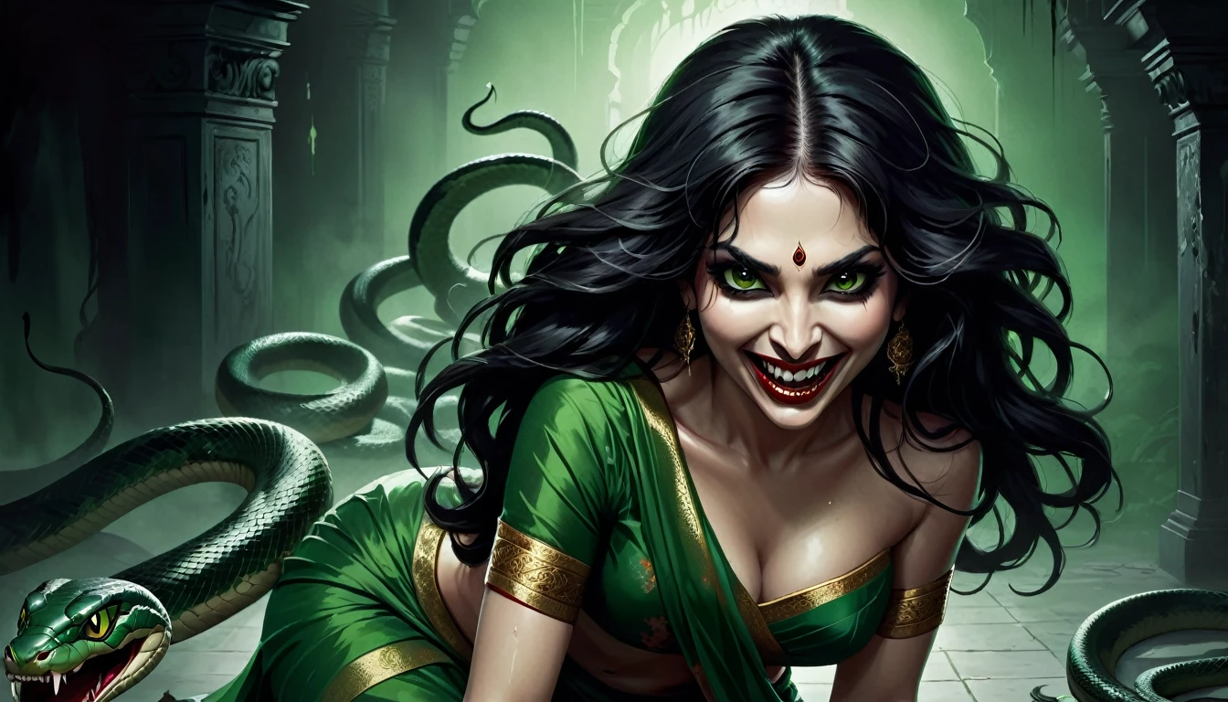 Digital illustration with a dark, eerie style. (full body) The layout features a central figure, a woman with long, disheveled black hair, snake in hair like medusa, crawling towards the viewer. Her skin is brunette, dark, and her eyes are glowing white, detailed face, brunette body, scary looks, cruel smile on face, blood on teeth, giving her a menacing appearance. She has a wide, sinister grin with sharp teeth. The woman is dressed in green sari, dark atmosphere, grayscale background, scary bloody ambience