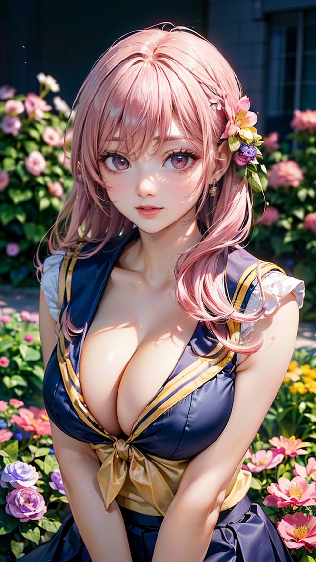 ((Highest quality, 8k, masterpiece :1.3)), (Sharp focus :1.2, Beautiful woman with perfect figure :1.4, Slim Abs), ((Big Breasts, Emphasize cleavage:1.2)), (Photorealistic:1.4), (realistic:1.4), (Pink Hair:1.5), Highly detailed face and skin texture, Fine grain, double eyelid. Makeup face, A little bit of lipstick, sex appeal, Sexy gravure pose, ((Yellow sailor suit and navy blue skirt、The background is a garden、High school girls picking flowers、Flower Hair Ornaments。:1.3)