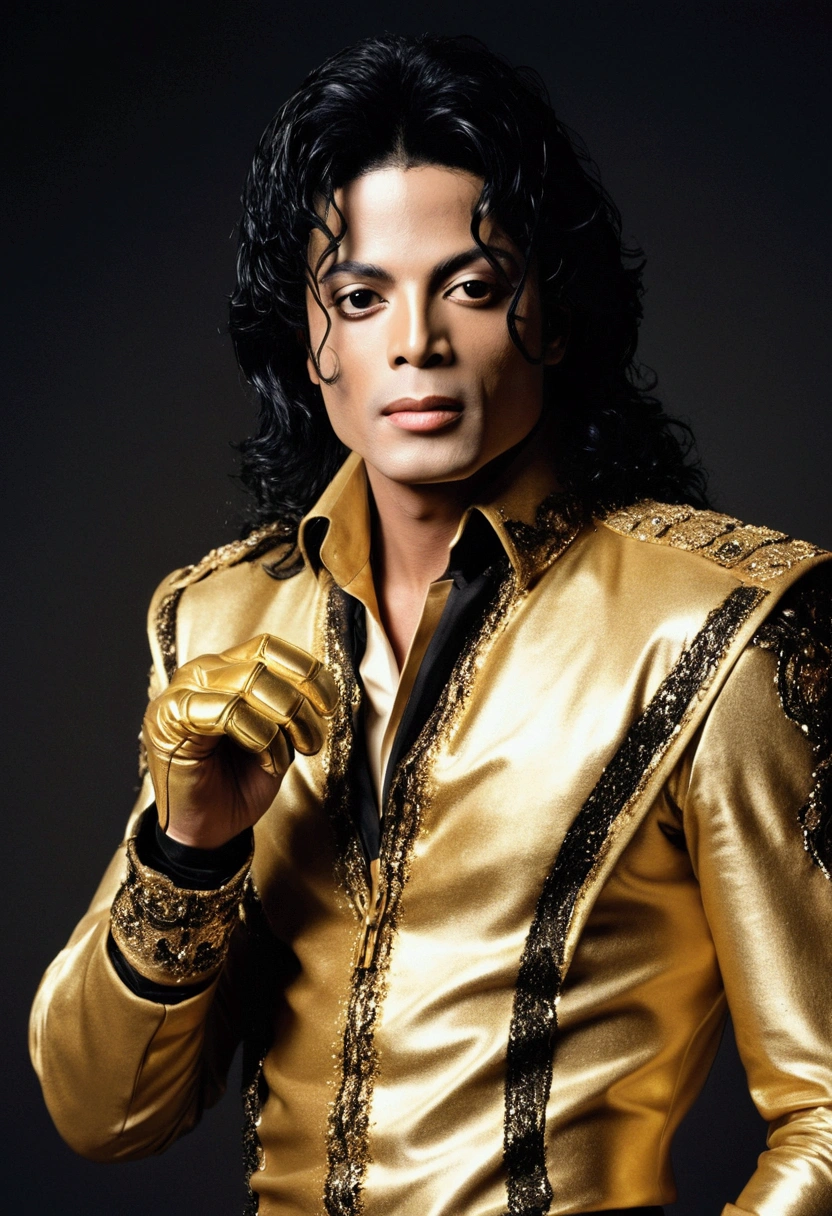 Michael Jackson, with a very beautiful face, there is no hair on his face just the skin on his face, curved eyebrows, with a hole in his chin, thin nose, half angled half oval face, long curly black hair, with a stylish golden outfit, with a golden glove on closed hand covering the nose and mouth, cinematic style