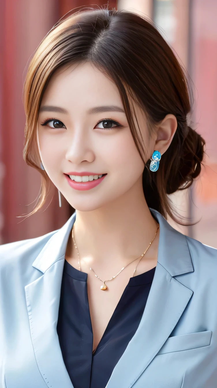 Highest quality:1.2), RAW Photos, High resolution, Very detailed, Intricate details, 、、ear piercing、、smile、Beautiful teeth alignment、Black Hair、Clear beauty,(High quality fabric, Office Lady Suits )、Necklace around the neck、, The background is the office