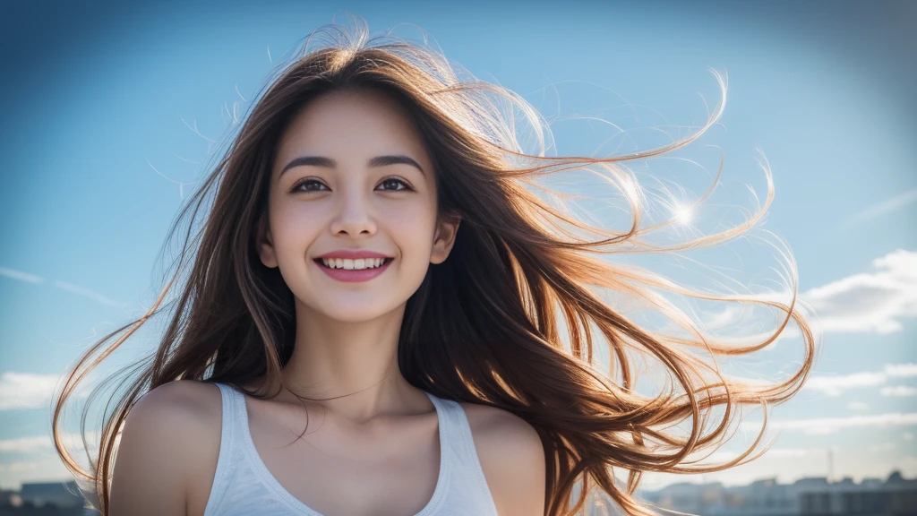 (8k, best quality, masterpiece:1.2), (realistic, photo-realistic:1.37), ultra-detailed, 1 girl,cute, solo,beautiful detailed sky,dating,(nose blush),(smile:1.15),(closed mouth) small breasts,beautiful detailed eyes, (long hair:1.2),floating hair NovaFrogStyle, upper body, tank top