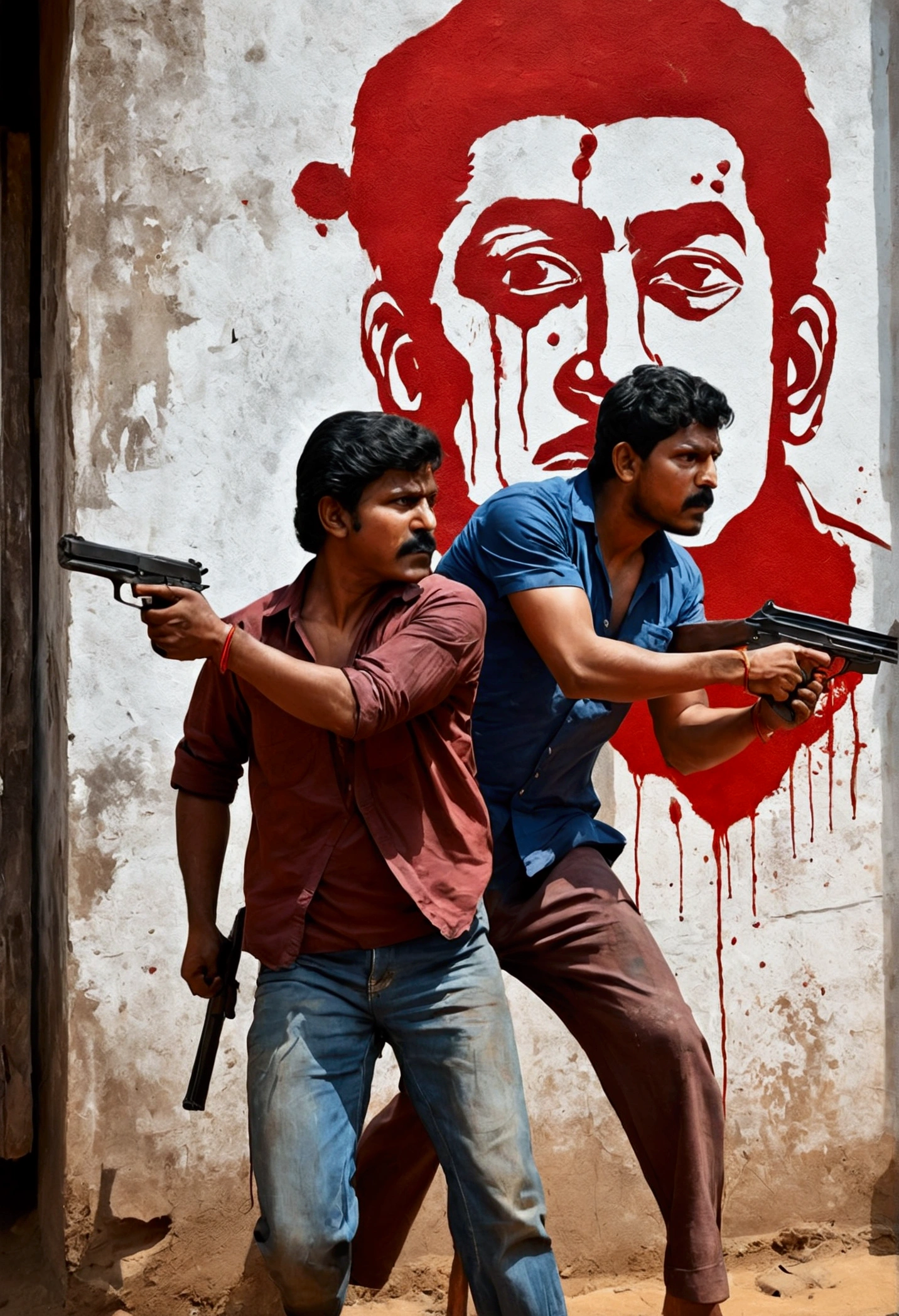 painting of two men with guns and blood on a wall, by Odhise Paskali, rotoscoped, violence, with violence, by Bikash Bhattacharjee, by Abdullah Gërguri, fanart, gun fight, by Noe Canjura, accurate depiction, by Paul Bird, single bangla farmer fighting, by Ingrida Kadaka