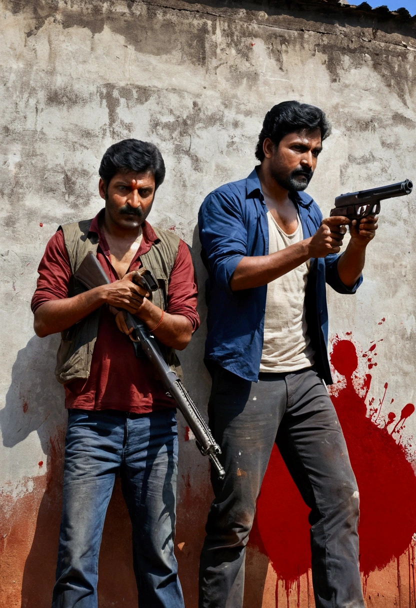 painting of two men with guns and blood on a wall, by Odhise Paskali, rotoscoped, violence, with violence, by Bikash Bhattacharjee, by Abdullah Gërguri, fanart, gun fight, by Noe Canjura, accurate depiction, by Paul Bird, single bangla farmer fighting, by Ingrida Kadaka