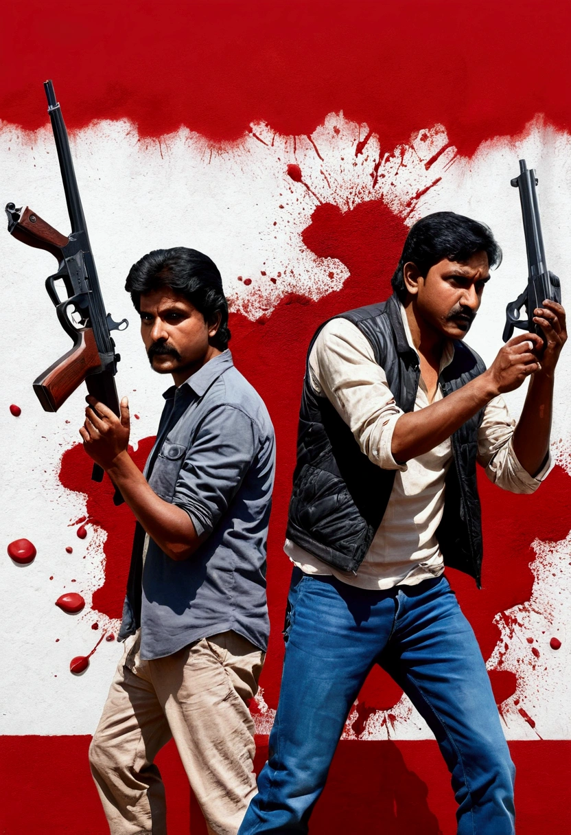 painting of two men with guns and blood on a wall, by Odhise Paskali, rotoscoped, violence, with violence, by Bikash Bhattacharjee, by Abdullah Gërguri, fanart, gun fight, by Noe Canjura, accurate depiction, by Paul Bird, single bangla farmer fighting, by Ingrida Kadaka