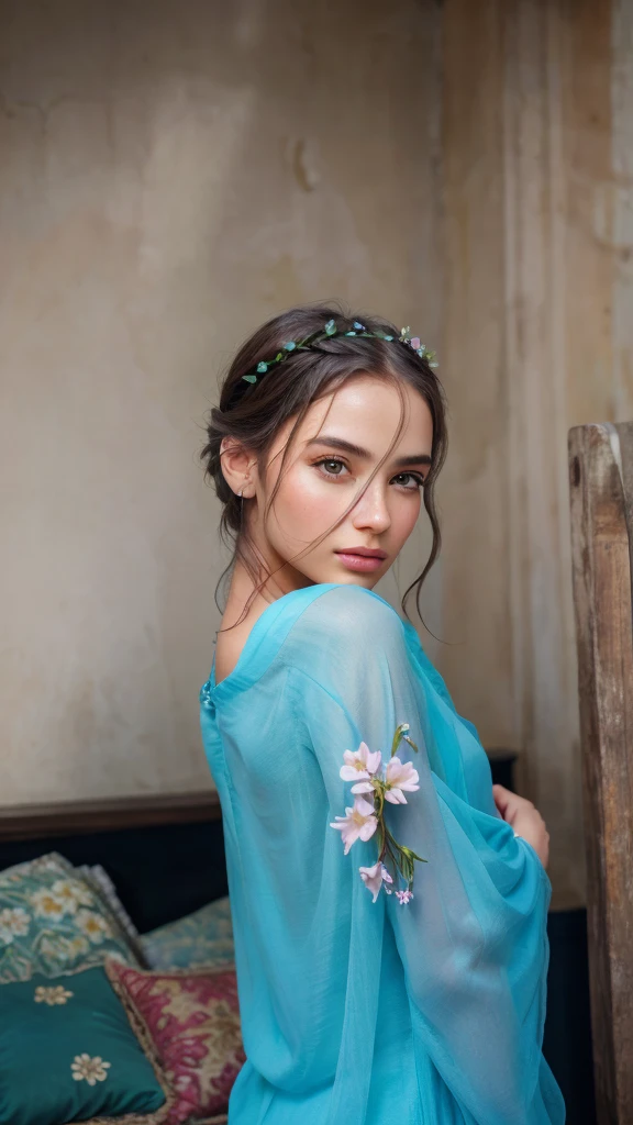 A beautiful girl with flowers in her hair, detailed facial features, cinematic lighting, photorealistic, vibrant colors, lush garden background, fantasy, highly detailed, intricate, (best quality,4k,8k,highres,masterpiece:1.2),ultra-detailed,(realistic,photorealistic,photo-realistic:1.37),HDR,studio lighting,extremely detailed face and eyes,long eyelashes,full lips,flawless skin,elegant pose,mystical atmosphere