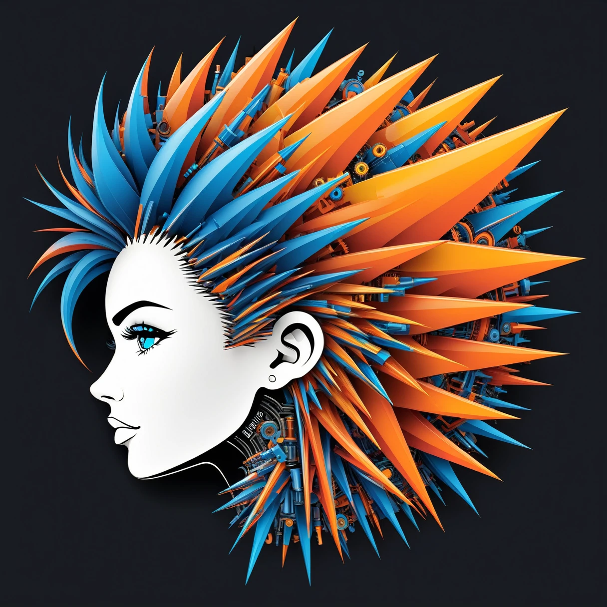 "TALEND" "AIRFLOW" text logo, red, orange, blue, spikey, robotic,bolts, color lineart PStyl3, negative space, abstract, intricate, big hair, side-profile, iridescent, Black/white
