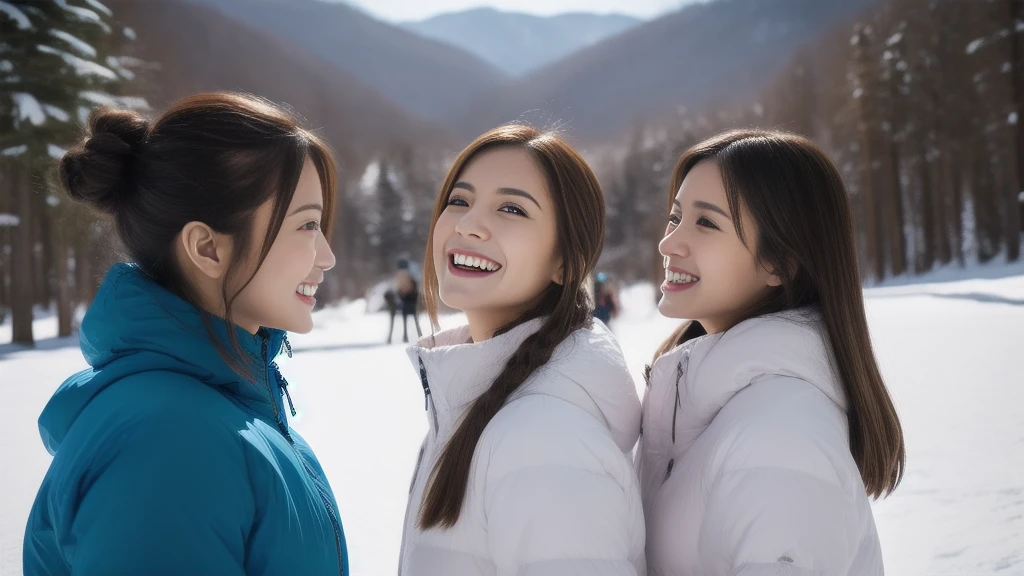 The face is a hostess、Beauty 3 people、Ski Wear、hiquality、A hyper-realistic、healthy、Smiling expression、Slender perfect figure、Japan beauties、beautidful eyes、face perfect、Beautiful skin、from the rear、a ski